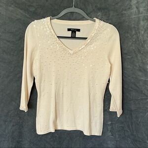 Style & Co. Sequin-Cream Embellished V-Neck Top - Size Small